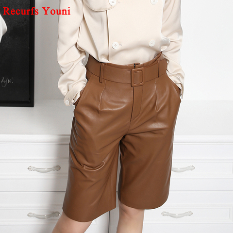 European Style Women's Genuine Leather Pants Female Handsome  Straight High Waist Suit Shorts With Belt Casual Wide Leg Trousers ► Photo 1/6