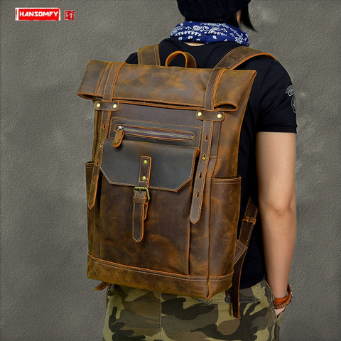 New Cowhide Leather Men's Backpack 15-17 Inch Laptop Bag Men Large Capacity Travel Backpacks Schoolbags Retro Leather Male Bags ► Photo 1/6