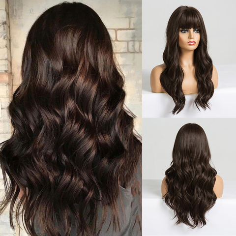 EASIHAIR Long Dark Brown Women's Wigs with Bangs Water Wave Heat Resistant Synthetic Wigs for Black Women African American Hair ► Photo 1/6