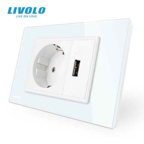 Livolo  Two Gang  EU Socket & USB socket , White Crystal Glass Panel, AC 110~250V 16A Wall Power Socket, VL-C9C1EU1U-11 ► Photo 1/2