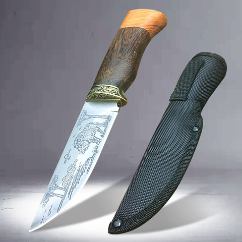 Fashionable black pig pattern straight knife black wood handle 58HRC high hardness outdoor life saving diving knife ► Photo 1/5