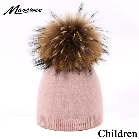 Children's Knit Hexagonal Watermelon Beanie Hat Raccoon Fur Pom Pom Winter Hat Boy Girl Warm Skullies Bone Kids Baby Soft Cap ► Photo 1/6