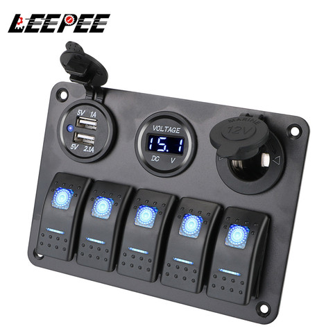 LEEPEE With Fuse Waterproof Dual USB Slot Socket 12/24V Outlet Combination 5 Gang LED Rocker Switch Panel Digital Voltage ► Photo 1/6