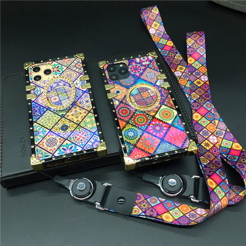 Luxury Plaid Vintage Flower Case For iPhone 12 X XS Max XR Square Cover Lanyard Case for iphone 11 PRO MAX 7 Plus 8 Plus 6 6S ► Photo 1/6