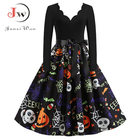 Women Halloween Party Dress Long Sleeve V Neck Pumpkin Print Vintage Casual A-line Plus Size Dresses Vestidos S-3XL ► Photo 1/6