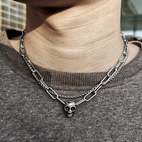 Punk Stainless Steel Skull Pendant Necklace For Men Boys Double Layer Box Cable Chain Trend Male Jewelry Gift Toggle Clasp DN229 ► Photo 1/6