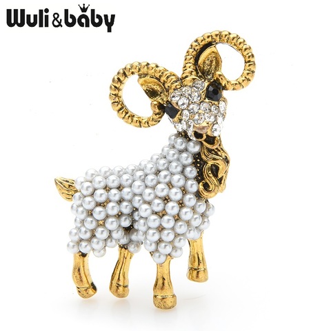Wuli&baby Vintage Gold Pearl Goat Brooches Women Men Alloy Sheep Animal Weddings Party Brooch Pins Gifts ► Photo 1/4