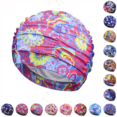 Women Ladies Multi Flowers Printed Fabric Swim Pool Sport Swimming Cap Protect Long Hair Ear Large Nylon Bathing Caps Hat Turban ► Photo 1/6