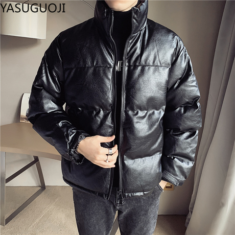 YASUGUOJI New Cotton-padded Men's PU Leather Jacket Casual Slim Bomber Jacket Men Warm Parka Mens Winter Puffy Jackets and Coats ► Photo 1/6