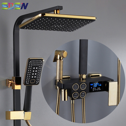 Hot and Cold Digital Shower Set Faucet Bathroom Shower System Black Gold Shower Faucet Square Shower Head  Bath Shower System ► Photo 1/6