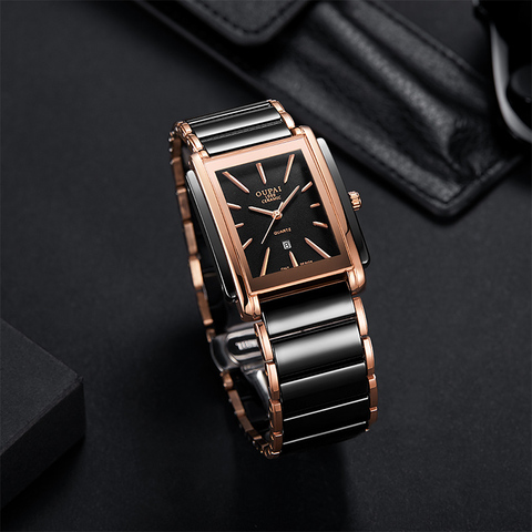 OUPAI 2022 New Rectangle Business  Golden Black Ceramic Watch Man Old Fashion Luxury Watch Waterproof Quiz with Calendar ► Photo 1/6