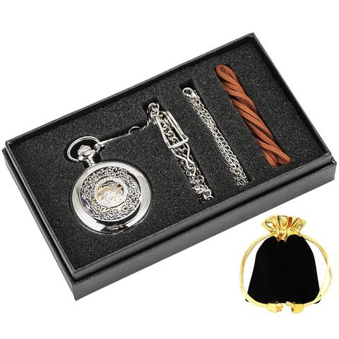 Fashion Hollow Flower Silver Hand Winding Mechanical Pocket Watch Luxury Silver Metal Web Case Hand Winding Watch Sets + Box Bag ► Photo 1/6