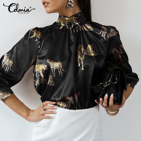 Stylish Satin Blouses Womens Long Sleeve Shirts Celmia 2022 Autumn Stand Collar Casual Loose Tiger Printed Elegant Blusas 5XL ► Photo 1/6