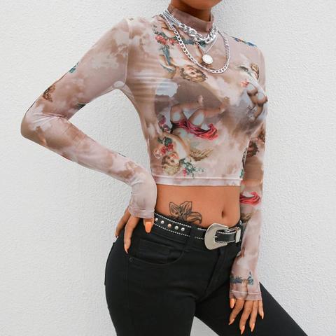 Women Summer Long Sleeves Mock Neck Crop Top Romantic Colored Angel Cupid Printed T-Shirt See Through Mesh Party Clubwear ► Photo 1/6