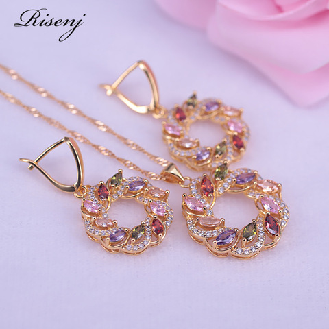 New Top Gold Color Flower & Lucky Circle Jewelry Set Multicolor Cubic Zircon Pendant/Earring/Necklace Women Wedding Jewelry Sets ► Photo 1/6