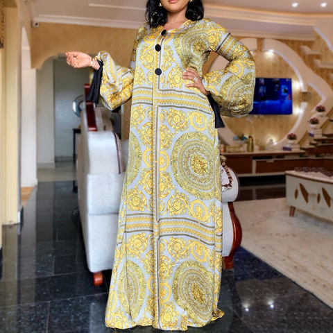 Fall Long Sleeve Maxi Dress African Ladies Rich Bazin Golden Print Vintage Plus Size 3XL Floor Length Women Party Long Dress ► Photo 1/6