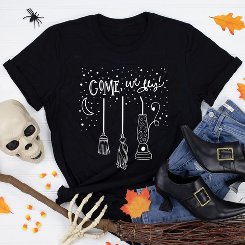 Come We Fly 100% Cotton T-shirt Funny Women Halloween Party Gift Tshirt Autumn Short Sleeve Graphic Witch Tops Tees Dropshipping ► Photo 1/6