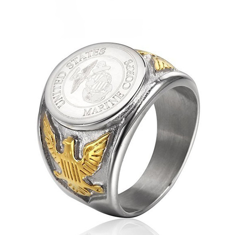 RIR Silver Color Gold US Eagle Border Stainless Steel Mens Military Ring The United States USMC Army Navy Ring  ► Photo 1/6