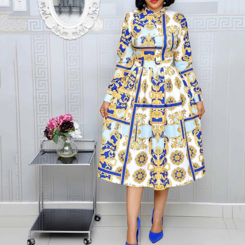 Patten Print Vintage Women Dress African Style Office Ladies OL Clothes Plus Size A Line Long Sleeve Midi Autumn Dresses Retro ► Photo 1/6