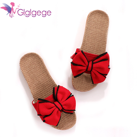 Glglgege Women Summer Casual Slides Comfortable Flax Slippers Striped Bow Linen Flip Flops Platform Sandals Ladies Indoor Shoes ► Photo 1/6