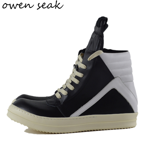 Owen Seak Men High-TOP Ankle Genuine Leather Sneakers Luxury Women Boots High Street Casual Lace-up Zip Flat Black White Shoes ► Photo 1/6