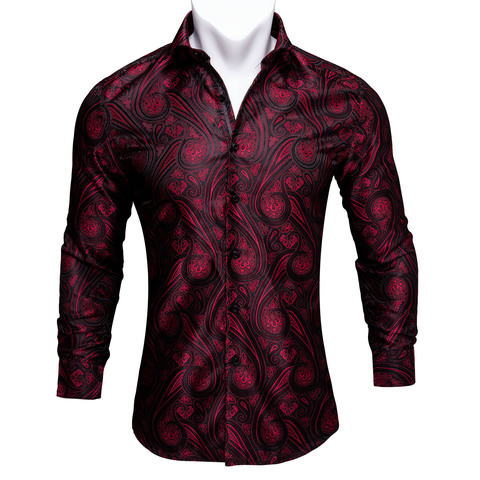 Barry.Wang Red Paisley Bright Silk Shirts Men Autumn Long Sleeve Casual  Flower Shirts For Men Designer Fit Dress Shirts BCY-01 ► Photo 1/6