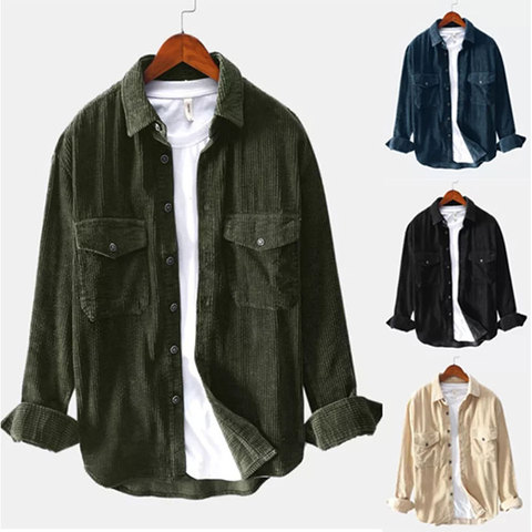 Men‘s Winter Long Sleeve Corduroy Turndown Collar Double Pockets Shirts Premium Casual Top Blouse Shirts Streetwear Slim Male ► Photo 1/6