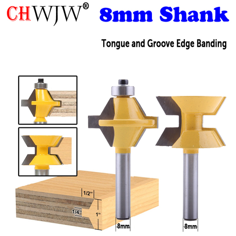 CHWJW 2PC 8mm Shank Tongue and Groove Edge Banding Router Bit Set Wood Cutting Tool ► Photo 1/5