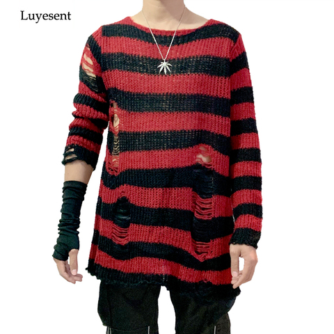 Punk Gothic Cool Male Striped Long Sweater Man Stretch Thin Pullover Broken Sweaters Hollow Out Slit Spring KnitTop Jumpers 2022 ► Photo 1/6