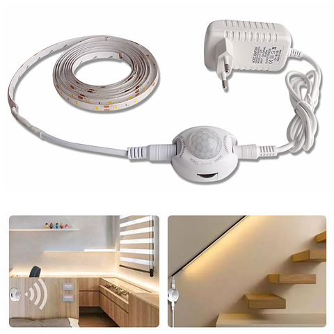 Wireless PIR Motion Sensor LED Strip Lights 12V Waterproof Auto on/off Closet Kitchen Cabinet LED Light lamp Tape 5M +Adapter ► Photo 1/6