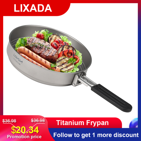 Lixada 1400ml Titanium Fry Pan Ultralight Grill Frying Pan with Folding Handle for Outdoor Cooking Camping Hiking Backpacking ► Photo 1/6