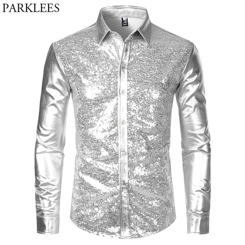 Silver Metallic Sequins Glitter Shirt Men 2022 New 70's Disco Party Halloween Costume Chemise Homme Stage Performance Shirt Male ► Photo 1/6