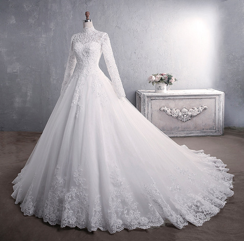 Muslim Wedding Dress 2022 Elegant High Neck With Train Princess Bride Dress Luxury Lace Embroidery Wedding Gown Vestido De Noiva ► Photo 1/6