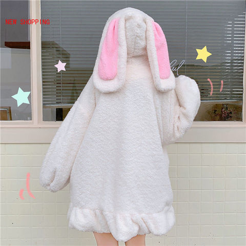 Kawaii Rabbit Ears Hooded Coats Japanese Korean Girl Warm Women Jacket Fall Winter New Sweet Soft Lambswool Ruffles Parkas White ► Photo 1/6