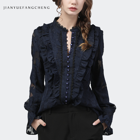 Flared Sleeve Lace Tops Women Autumn New Fashion Long Sleeved Ruffles Mesh Shirts Loose Plus Size Female Causal Office Blouses ► Photo 1/5