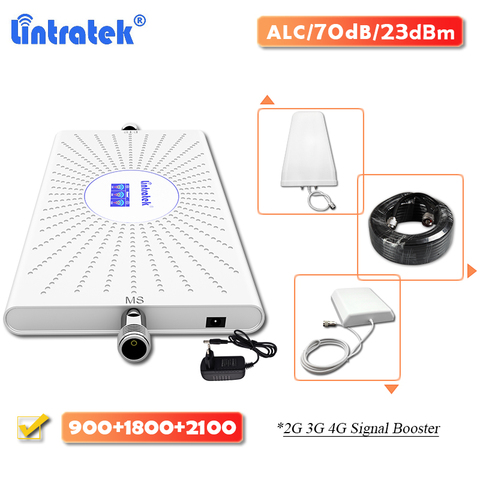 Lintratek 70dB ALC TriBand 2G 3G 4G Signal Repeater GSM 900 DCS LTE 1800 WCDMA 2100 Cellular Amplifier Booster Set Panel Antenna ► Photo 1/6