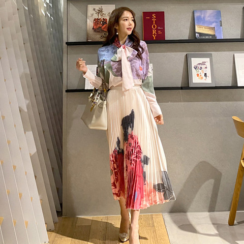 Women Elegant Floral Printed 2-Piece Suits Female Long Sleeve Bow Collar Chiffon Shirt Top & Pleated High Waist Long Skirt Set ► Photo 1/6