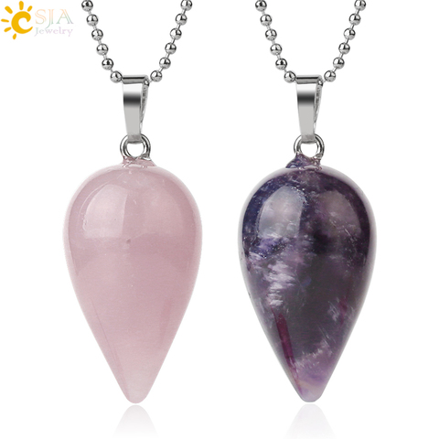 CSJA Natural Stone Teardrop Pendant Necklace Pointed Water Drop Healing Pink Quartz Lapis Crystal Women Men Fashion Jewelry G402 ► Photo 1/6