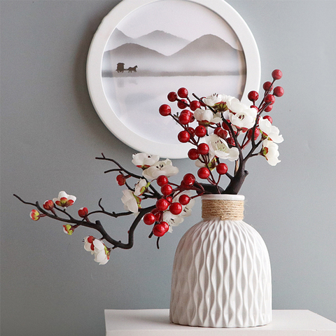 Cherry Red Plum Blossom Silk Artificial Flowers Plastic Branch for Wedding Home DIY Decoration Foam Christmas Berry Fake Flowers ► Photo 1/6