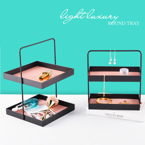 Two Tier Leather Pad Rectangle Metal Storage Tray Sundries Cosmetics Jewelry Dessert Tea Trays Storage Toy Tissue Storage Tray ► Photo 1/6