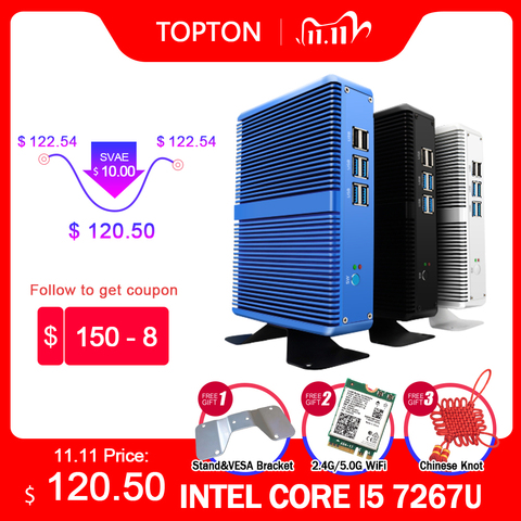 Topton Cheapest Mini PC Intel i5 7267U Pentium 4415U Fanless Desktop Windows 10 Barebone Computer Linux 4K HTPC VGA HDMI WiFi ► Photo 1/6