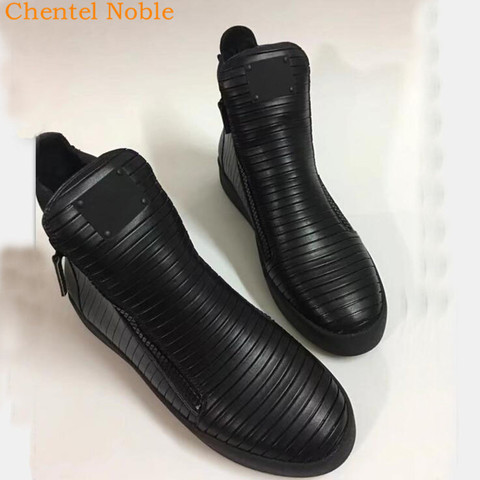 Chentel Noble Leather Striped Decoration Men Casual Shoes Party Shoes Men High Quality Flats ZIP Sneakers Big Size Black Color ► Photo 1/6