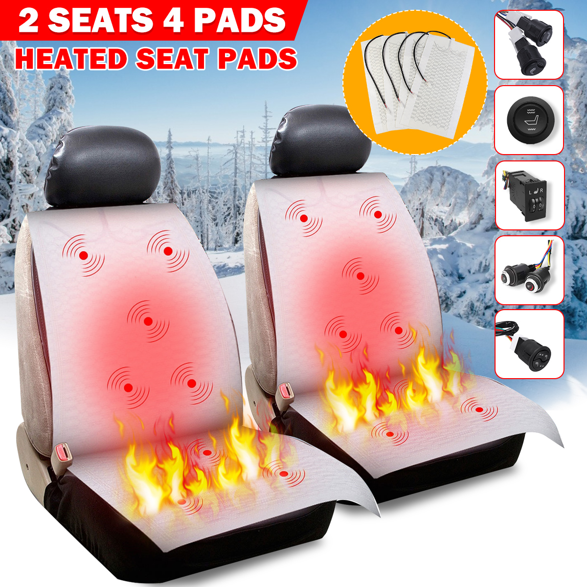 Universal 2 seats 4pcs 12v car carbon fiber High/Low heated seat heater pad  switch kit Round Switch Winter Warmer Seat Covers - Price history & Review
