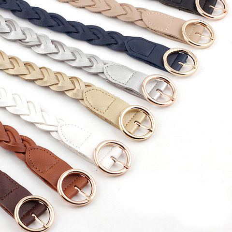 110cm Women Knitted Belts Solid Color PU Leather Braided Decorative Thin Waist Belt Round Gold Pin Buckle Jeans Dress Waistband ► Photo 1/6