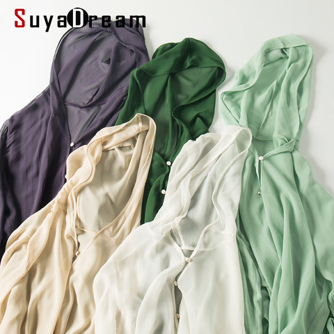 SuyaDream Women Hooded Blouse 100%SILK Georgette Solid Chiffon Button Blouse shirt 2022 Summer Sun protection Cloth ► Photo 1/6