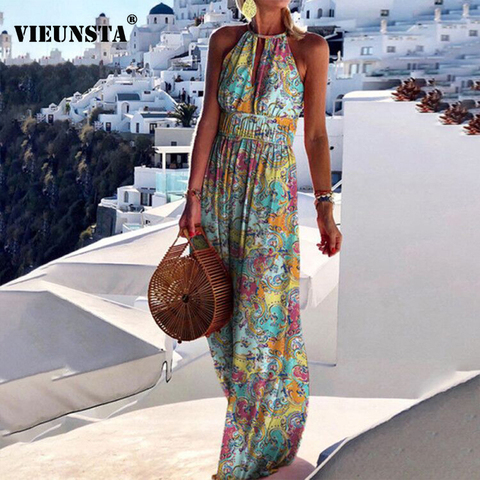 2022 Summer Boho Floral Print Long Party Dress Women Elegant Halter Sleeveless Maxi Dress Spring Backless Hollow Out Dresses 2XL ► Photo 1/6