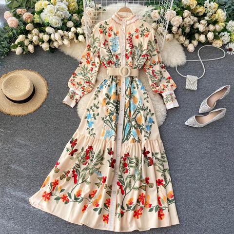 SINGRAIN Women Vintage Print Dress Autumn Stand Collar Button Puff Sleeve Long Robe Fashion Chic Flower Streetwear Maxi Dresses ► Photo 1/6