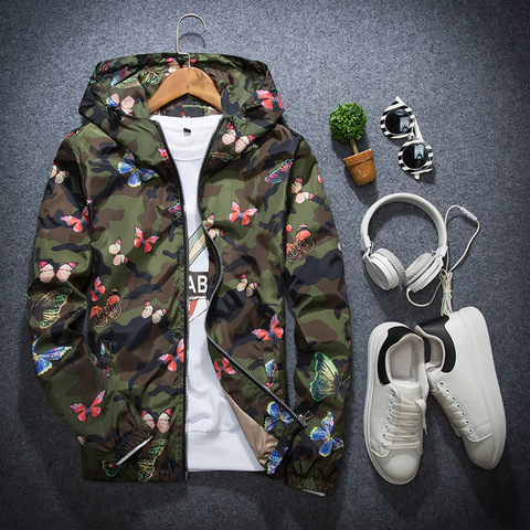 Mens Casual Camouflage Hoodie Jacket 2022 New Autumn Butterfly Print Clothes Men's Hooded Windbreaker Coat Male Outwea ► Photo 1/6