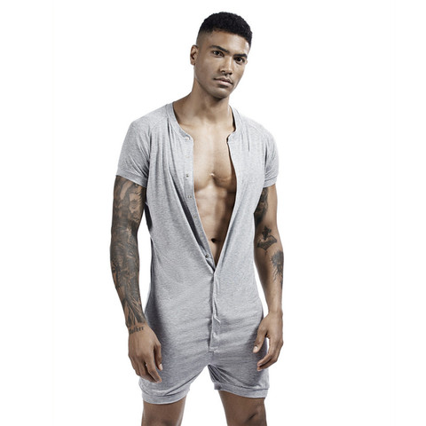 Men's Siamese Pajamas Onesies Home Clothes Super-elastic Comfortable Snap Button Jumpsuit Men Sleepwear Solid Color T-Shirts ► Photo 1/6