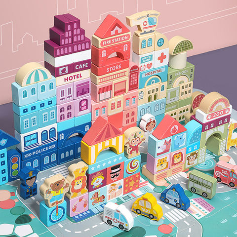 100 Pcs Colour Wooden Toys City Traffic Scenes Geometric Shape Assembled Building Blocks Early Educational Toys For Kids ► Photo 1/6